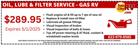 Oil, Lube and Filter Gas RV Service for sale in Sun City RV, Peoria, Arizona